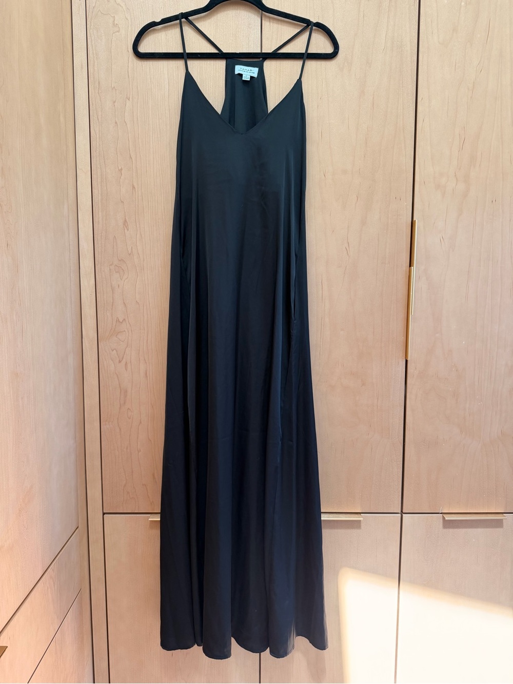 Tahari Black Silky Slip Maxi Dress with Thin Straps